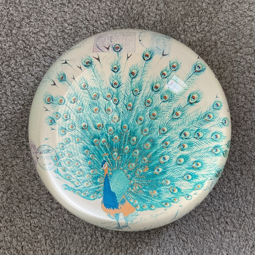 Glass Dome Paperweight Colorful Peacock Sea Blue